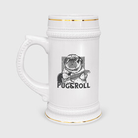 Кружка пивная с принтом Pug & Roll в Петрозаводске,  керамика (Материал выдерживает высокую температуру, стоит избегать резкого перепада температур) |  объем 630 мл | dog | drawing | guitar | music | pop art | pug | rock and roll | гитара | мопс | музыка | очки | пес | поп арт | рисунок | рок н ролл | собака