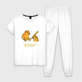 Женская пижама хлопок с принтом Doge Bonk go to horny jail в Петрозаводске, 100% хлопок | брюки и футболка прямого кроя, без карманов, на брюках мягкая резинка на поясе и по низу штанин | Тематика изображения на принте: 8 бит | 8bit | anime | cheems | chims | meme | pixel art | pixelart | аниме | бита | бонк | бьет | доге | мем | новый мем | пиксель арт | с бейсбольной битой | с битой | собака бьет другую собаку | тюр