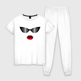 Женская пижама хлопок с принтом Черные очки с красными губами в Петрозаводске, 100% хлопок | брюки и футболка прямого кроя, без карманов, на брюках мягкая резинка на поясе и по низу штанин | for stylish | gradient | kiss | lipstick | plump lips | red lips | градиент | для стильных | красные губы | модные очки | помада | поцелуй | пухлые губы | черные очки