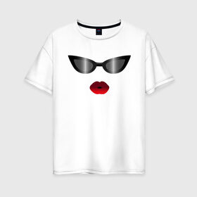 Женская футболка хлопок Oversize с принтом Черные очки с красными губами в Петрозаводске, 100% хлопок | свободный крой, круглый ворот, спущенный рукав, длина до линии бедер
 | for stylish | gradient | kiss | lipstick | plump lips | red lips | градиент | для стильных | красные губы | модные очки | помада | поцелуй | пухлые губы | черные очки