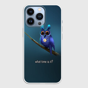 Чехол для iPhone 13 Pro с принтом Owl on the tree | Который час в Петрозаводске,  |  | Тематика изображения на принте: what time is it | время | синий | сова | темный фон