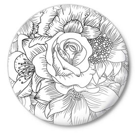 Значок с принтом Тату цветы в Петрозаводске,  металл | круглая форма, металлическая застежка в виде булавки | белый | лилия | подсолнух | роза | тату | цветы | черный