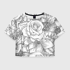Женская футболка Crop-top 3D с принтом Тату цветы в Петрозаводске, 100% полиэстер | круглая горловина, длина футболки до линии талии, рукава с отворотами | белый | лилия | подсолнух | роза | тату | цветы | черный