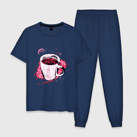 Мужская пижама хлопок с принтом Космическая чашка кофе в Петрозаводске, 100% хлопок | брюки и футболка прямого кроя, без карманов, на брюках мягкая резинка на поясе и по низу штанин
 | coffee | liquid | mily way | moon | morning | nebula | planet | space | symbol | внутри кружки | галактика | жидкость | код | космос | кружка | кружка с кофе | луна | млечный путь | планета | программист | символы | спутник sputnik | 