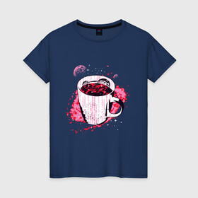 Женская футболка хлопок с принтом Космическая чашка кофе в Петрозаводске, 100% хлопок | прямой крой, круглый вырез горловины, длина до линии бедер, слегка спущенное плечо | coffee | liquid | mily way | moon | morning | nebula | planet | space | symbol | внутри кружки | галактика | жидкость | код | космос | кружка | кружка с кофе | луна | млечный путь | планета | программист | символы | спутник sputnik | 