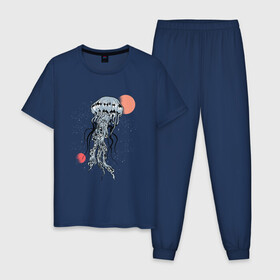 Мужская пижама хлопок с принтом Космическая медуза в Петрозаводске, 100% хлопок | брюки и футболка прямого кроя, без карманов, на брюках мягкая резинка на поясе и по низу штанин
 | art | elon musk | jellyfish | mars | medusa | meduza | moon | nasa | space | spacex | арт | астероид | в космосе | желе | иллюстрация | илон маск | космический дизайн | космос | луна | марс | медузник | на луне | наса | нло | сатурн | спей