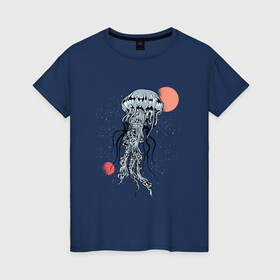 Женская футболка хлопок с принтом Космическая медуза в Петрозаводске, 100% хлопок | прямой крой, круглый вырез горловины, длина до линии бедер, слегка спущенное плечо | art | elon musk | jellyfish | mars | medusa | meduza | moon | nasa | space | spacex | арт | астероид | в космосе | желе | иллюстрация | илон маск | космический дизайн | космос | луна | марс | медузник | на луне | наса | нло | сатурн | спей