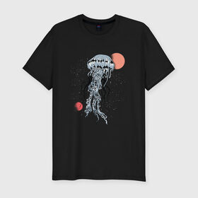 Мужская футболка хлопок Slim с принтом Космическая медуза в Петрозаводске, 92% хлопок, 8% лайкра | приталенный силуэт, круглый вырез ворота, длина до линии бедра, короткий рукав | art | elon musk | jellyfish | mars | medusa | meduza | moon | nasa | space | spacex | арт | астероид | в космосе | желе | иллюстрация | илон маск | космический дизайн | космос | луна | марс | медузник | на луне | наса | нло | сатурн | спей
