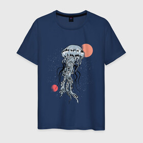 Мужская футболка хлопок с принтом Космическая медуза в Петрозаводске, 100% хлопок | прямой крой, круглый вырез горловины, длина до линии бедер, слегка спущенное плечо. | art | elon musk | jellyfish | mars | medusa | meduza | moon | nasa | space | spacex | арт | астероид | в космосе | желе | иллюстрация | илон маск | космический дизайн | космос | луна | марс | медузник | на луне | наса | нло | сатурн | спей