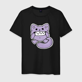 Мужская футболка хлопок с принтом Кот зубастик в Петрозаводске, 100% хлопок | прямой крой, круглый вырез горловины, длина до линии бедер, слегка спущенное плечо. | зубастик | зубастый | кот | котик. | мультяшный | фиолетовый