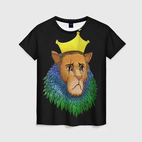 Женская футболка 3D с принтом Lion_art в Петрозаводске, 100% полиэфир ( синтетическое хлопкоподобное полотно) | прямой крой, круглый вырез горловины, длина до линии бедер | king | lion | корона | кошка | лев | перья | царь | царь зверей