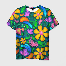 Мужская футболка 3D с принтом ЯРКИЕ ЦВЕТЫ в Петрозаводске, 100% полиэфир | прямой крой, круглый вырез горловины, длина до линии бедер | flower | neon | букет | васильки | вввесна | ландыши | лепестки | лето | пестрый | природа | ромашки | текстуры орнамент | цветы | яркие