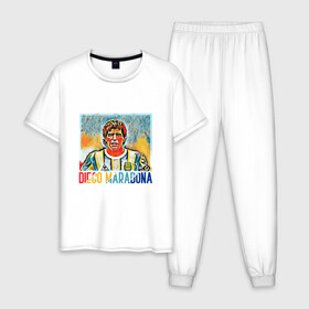 Мужская пижама хлопок с принтом Diego Maradona в Петрозаводске, 100% хлопок | брюки и футболка прямого кроя, без карманов, на брюках мягкая резинка на поясе и по низу штанин
 | argentina | football | maradona | messi | аргентина | гол | диего | марадона | месси | мяч | рука бога | спорт | футбол | чемпион
