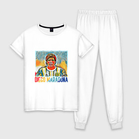 Женская пижама хлопок с принтом Diego Maradona в Петрозаводске, 100% хлопок | брюки и футболка прямого кроя, без карманов, на брюках мягкая резинка на поясе и по низу штанин | argentina | football | maradona | messi | аргентина | гол | диего | марадона | месси | мяч | рука бога | спорт | футбол | чемпион