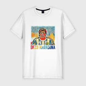 Мужская футболка хлопок Slim с принтом Diego Maradona в Петрозаводске, 92% хлопок, 8% лайкра | приталенный силуэт, круглый вырез ворота, длина до линии бедра, короткий рукав | argentina | football | maradona | messi | аргентина | гол | диего | марадона | месси | мяч | рука бога | спорт | футбол | чемпион