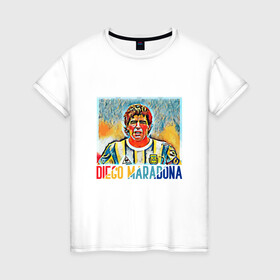 Женская футболка хлопок с принтом Diego Maradona в Петрозаводске, 100% хлопок | прямой крой, круглый вырез горловины, длина до линии бедер, слегка спущенное плечо | argentina | football | maradona | messi | аргентина | гол | диего | марадона | месси | мяч | рука бога | спорт | футбол | чемпион