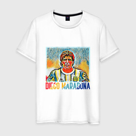 Мужская футболка хлопок с принтом Diego Maradona в Петрозаводске, 100% хлопок | прямой крой, круглый вырез горловины, длина до линии бедер, слегка спущенное плечо. | Тематика изображения на принте: argentina | football | maradona | messi | аргентина | гол | диего | марадона | месси | мяч | рука бога | спорт | футбол | чемпион