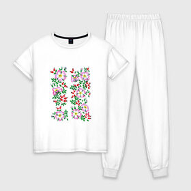 Женская пижама хлопок с принтом Цветы в Петрозаводске, 100% хлопок | брюки и футболка прямого кроя, без карманов, на брюках мягкая резинка на поясе и по низу штанин | букет | картинки | лепестки | лето | популярные | прикольные | тренды | цветы