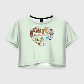 Женская футболка Crop-top 3D с принтом Россия в Петрозаводске, 100% полиэстер | круглая горловина, длина футболки до линии талии, рукава с отворотами | балалайка | балерина | матрешка | медведь | россия | храм василия блаженого