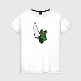 Женская футболка хлопок с принтом Злая лягушка в Петрозаводске, 100% хлопок | прямой крой, круглый вырез горловины, длина до линии бедер, слегка спущенное плечо | green. | зелёный | лягушка | лягушонок | ножик
