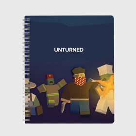 Тетрадь с принтом Unturned в Петрозаводске, 100% бумага | 48 листов, плотность листов — 60 г/м2, плотность картонной обложки — 250 г/м2. Листы скреплены сбоку удобной пружинной спиралью. Уголки страниц и обложки скругленные. Цвет линий — светло-серый
 | Тематика изображения на принте: survival | unturned | zombie | антюрнд | антюрнед | выживание | игра про зомби | стим