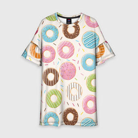 Детское платье 3D с принтом Пончики / Donuts в Петрозаводске, 100% полиэстер | прямой силуэт, чуть расширенный к низу. Круглая горловина, на рукавах — воланы | bagel | cookies | donut | pastry | pie | ring | бублик | выпечка | колечко | печенье | пирожок | пончик
