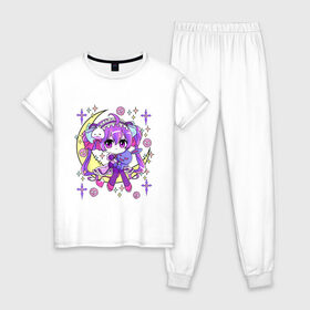 Женская пижама хлопок с принтом Cute Chibi Kawaii в Петрозаводске, 100% хлопок | брюки и футболка прямого кроя, без карманов, на брюках мягкая резинка на поясе и по низу штанин | anime | chibi | cute | devil | girls | goth | kawaii | loli | made | manga | pastel | skull | star | аниме | бантики | гот | готик | готичная | девочка | девушка | доли | звезды | каваи | кавай | луна | манга | месяц | милая | мишка | плюшевый