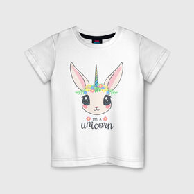 Детская футболка хлопок с принтом Кролик-единорог в Петрозаводске, 100% хлопок | круглый вырез горловины, полуприлегающий силуэт, длина до линии бедер | animals | bunny | unicorn | единорог | животные | кролик