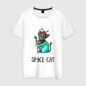 Мужская футболка хлопок с принтом Space cat в Петрозаводске, 100% хлопок | прямой крой, круглый вырез горловины, длина до линии бедер, слегка спущенное плечо. | cat | space | инопланетянин | киска | космос | кошка