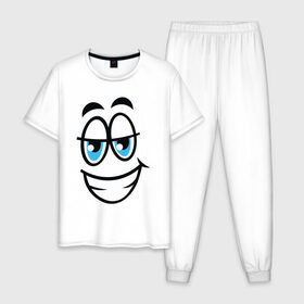 Мужская пижама хлопок с принтом Улыбающийся смайл в Петрозаводске, 100% хлопок | брюки и футболка прямого кроя, без карманов, на брюках мягкая резинка на поясе и по низу штанин
 | мультфильм | рожа | рожица | смайлик | улыбающееся лицо | улыбающийся | улыбка