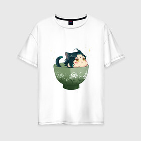 Женская футболка хлопок Oversize с принтом Котик Сяо в Петрозаводске, 100% хлопок | свободный крой, круглый ворот, спущенный рукав, длина до линии бедер
 | арт | кружка | кружка чая | милый парень | неко | рисунок | сяо | чашка