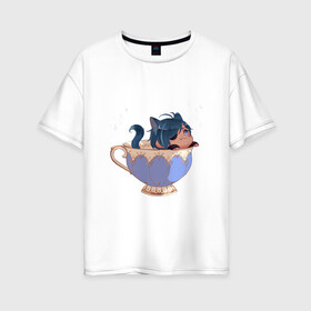Женская футболка хлопок Oversize с принтом Котик Кэйа в Петрозаводске, 100% хлопок | свободный крой, круглый ворот, спущенный рукав, длина до линии бедер
 | арт | кейа | кружка | кружка чая | кэйа | милый парень | неко | рисунок | чашка
