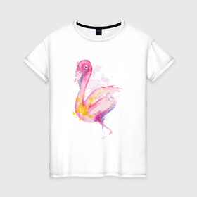 Женская футболка хлопок с принтом Фламинго рисунок акварелью в Петрозаводске, 100% хлопок | прямой крой, круглый вырез горловины, длина до линии бедер, слегка спущенное плечо | africa | afrika | aquarel | bird | fashion | flamingo | paint | painted | pink flamingo | summer | watercolor | watercolour | акварельный рисунок | африка | красками | краски | лето | мода | нарисованный фламинго | птица | розовый фламинго | 
