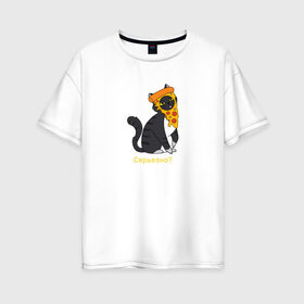 Женская футболка хлопок Oversize с принтом Забавный кот в Петрозаводске, 100% хлопок | свободный крой, круглый ворот, спущенный рукав, длина до линии бедер
 | животные | кот | котенок | пицца | смешной кот