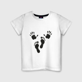 Детская футболка хлопок с принтом Руки-ноги в Петрозаводске, 100% хлопок | круглый вырез горловины, полуприлегающий силуэт, длина до линии бедер | ноги | отпечатки | руки | руки ноги | черное лого | черные отпечатки | черный принт