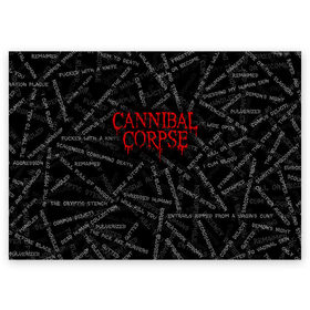 Поздравительная открытка с принтом Cannibal Corpse | Songs (Z) в Петрозаводске, 100% бумага | плотность бумаги 280 г/м2, матовая, на обратной стороне линовка и место для марки
 | Тематика изображения на принте: cannibal | cannibal corpse | corpse | death metal | deathgrind | алекс уэбстер | брутальный дэт метал | дэт метал | дэтграйнд | пол мазуркевич | роб барретт | труп каннибала