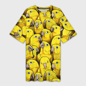 Платье-футболка 3D с принтом Попугаи в Петрозаводске,  |  | myparrots | parrot | ара | желтый | листья | орнамент | попугаи | птицы | рай | тукан | узор | цветы