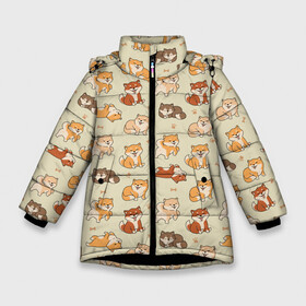 Зимняя куртка для девочек 3D с принтом Шиба-Ину в Петрозаводске, ткань верха — 100% полиэстер; подклад — 100% полиэстер, утеплитель — 100% полиэстер. | длина ниже бедра, удлиненная спинка, воротник стойка и отстегивающийся капюшон. Есть боковые карманы с листочкой на кнопках, утяжки по низу изделия и внутренний карман на молнии. 

Предусмотрены светоотражающий принт на спинке, радужный светоотражающий элемент на пуллере молнии и на резинке для утяжки. | ину | конфета | лапа | леденец | отпечаток | сладисти | собаки | торт | тортик | хатико | шиба | японская
