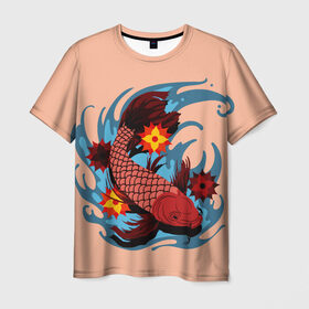 Мужская футболка 3D с принтом Японский Карп в Петрозаводске, 100% полиэфир | прямой крой, круглый вырез горловины, длина до линии бедер | fish | japan | koi | животные | иероглифы | карпы | кои | рыбы | цветы | япония