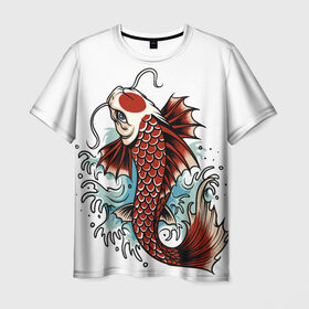 Мужская футболка 3D с принтом Карп Кои (Япония) в Петрозаводске, 100% полиэфир | прямой крой, круглый вырез горловины, длина до линии бедер | fish | japan | koi | животные | иероглифы | карпы | кои | рыбы | цветы | япония
