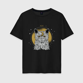 Женская футболка хлопок Oversize с принтом Лунный котик в Петрозаводске, 100% хлопок | свободный крой, круглый ворот, спущенный рукав, длина до линии бедер
 | astro | cat | esoteric | kitten | kitty | moon cat | stars | taro | tarot | астро | астрология | гадалка | гадание | звезды | каббала | карта таро | карта таро с котом | кот | кот с луной | котенок | кошка | луна | нумерология