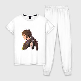 Женская пижама хлопок с принтом Чжун Ли в Петрозаводске, 100% хлопок | брюки и футболка прямого кроя, без карманов, на брюках мягкая резинка на поясе и по низу штанин | арт | милый парень | моракс | рисунок | чжун ли