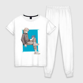 Женская пижама хлопок с принтом Современный Альбедо в Петрозаводске, 100% хлопок | брюки и футболка прямого кроя, без карманов, на брюках мягкая резинка на поясе и по низу штанин | Тематика изображения на принте: альбедо | арт | блондин | милый парень | рисунок