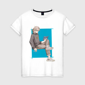 Женская футболка хлопок с принтом Современный Альбедо в Петрозаводске, 100% хлопок | прямой крой, круглый вырез горловины, длина до линии бедер, слегка спущенное плечо | Тематика изображения на принте: альбедо | арт | блондин | милый парень | рисунок