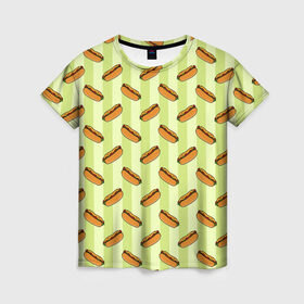 Женская футболка 3D с принтом Хотдог в Петрозаводске, 100% полиэфир ( синтетическое хлопкоподобное полотно) | прямой крой, круглый вырез горловины, длина до линии бедер | еда | минимализм | рисунок | фастфуд | хотдог
