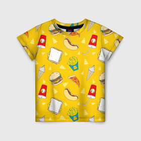 Детская футболка 3D с принтом Фастфуд в Петрозаводске, 100% гипоаллергенный полиэфир | прямой крой, круглый вырез горловины, длина до линии бедер, чуть спущенное плечо, ткань немного тянется | бургеры | бутерброд | вредная еда | еда | мороженое | пицца | сок | фастфуд | хотдог