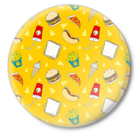 Значок с принтом Фастфуд в Петрозаводске,  металл | круглая форма, металлическая застежка в виде булавки | Тематика изображения на принте: бургеры | бутерброд | вредная еда | еда | мороженое | пицца | сок | фастфуд | хотдог