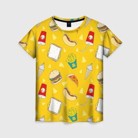 Женская футболка 3D с принтом Фастфуд в Петрозаводске, 100% полиэфир ( синтетическое хлопкоподобное полотно) | прямой крой, круглый вырез горловины, длина до линии бедер | бургеры | бутерброд | вредная еда | еда | мороженое | пицца | сок | фастфуд | хотдог