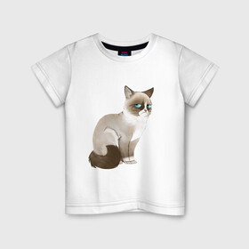 Детская футболка хлопок с принтом Grumpy Cat в Петрозаводске, 100% хлопок | круглый вырез горловины, полуприлегающий силуэт, длина до линии бедер | grumpy cat | грустный кот | кот мем | мем | сердитая кошка