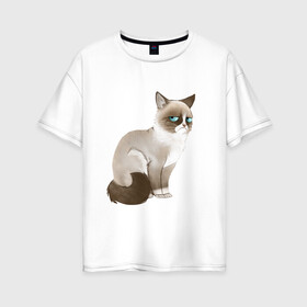 Женская футболка хлопок Oversize с принтом Grumpy Cat в Петрозаводске, 100% хлопок | свободный крой, круглый ворот, спущенный рукав, длина до линии бедер
 | grumpy cat | грустный кот | кот мем | мем | сердитая кошка